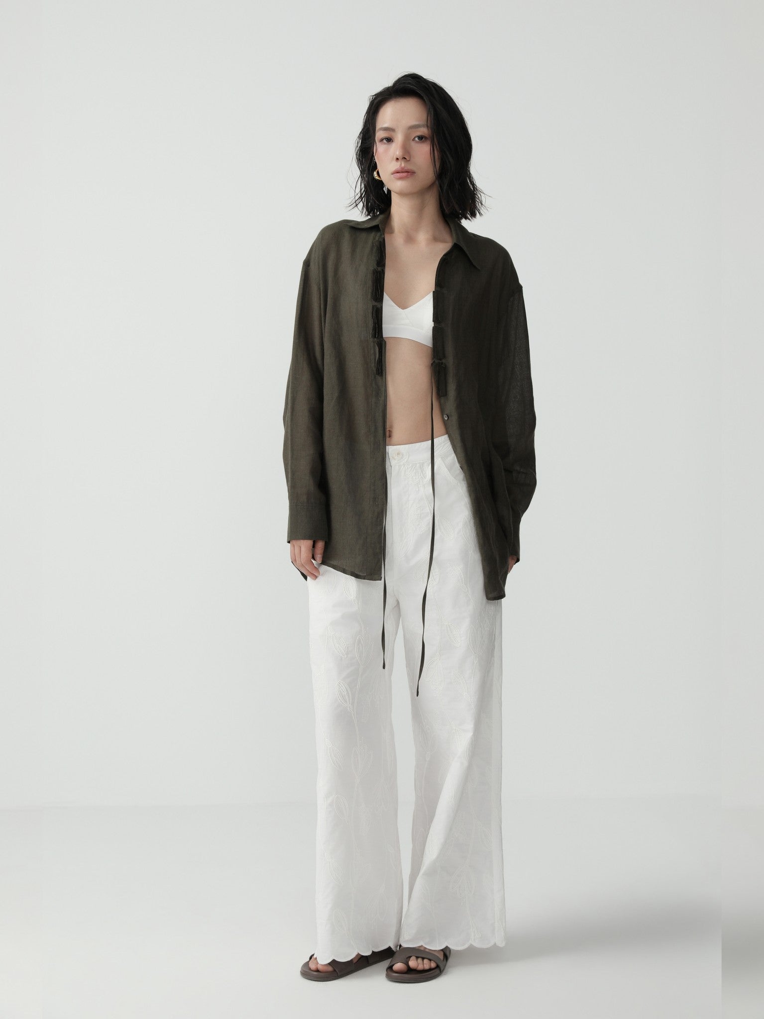 Embroidered Wide - Leg Pants with Minimalist Flair - Nettarei