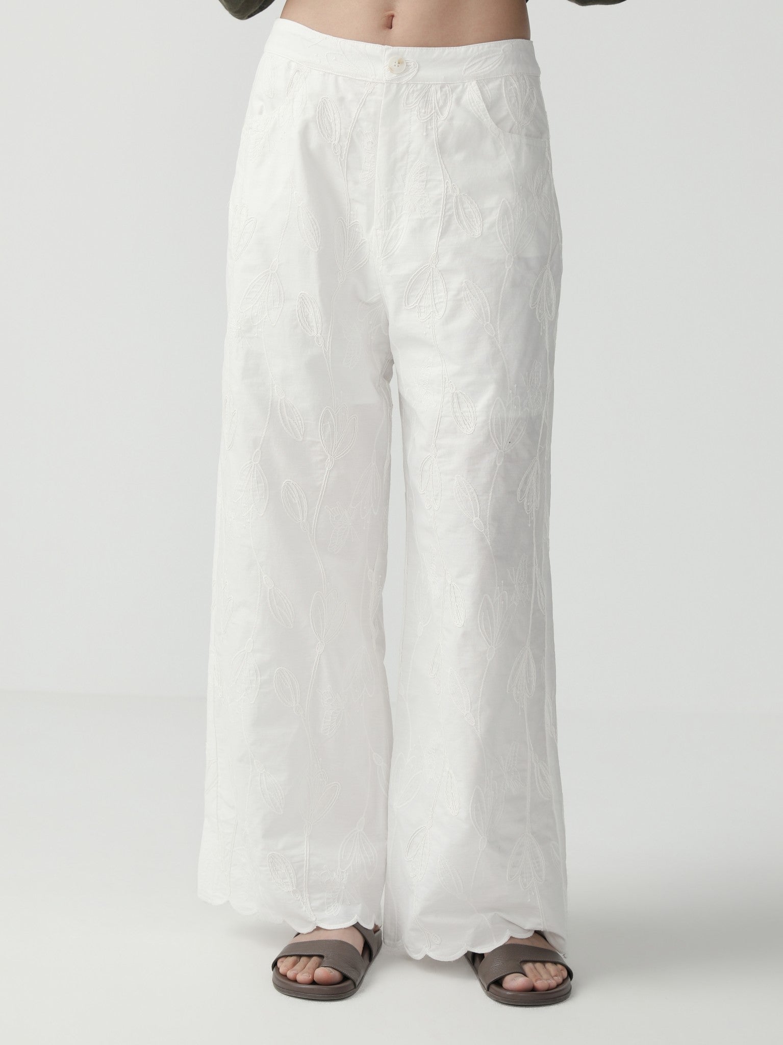 Embroidered Wide - Leg Pants with Minimalist Flair - Nettarei